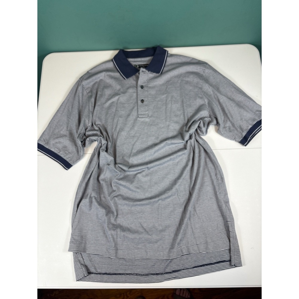 MG Golf Men's Polo Shirt Large Pima Cotton Navy White Striped‎ Short Sleeve